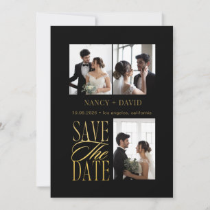Black Gold Script 3 Photo Collage Wedding Save The Date