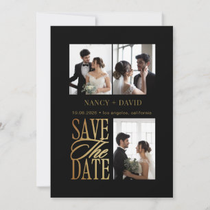 Black Gold Script 3 Photo Collage Wedding  Save The Date
