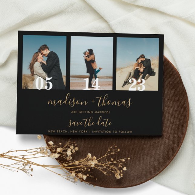 Black Gold Script 3 Photo Wedding Save The Date Magnetic Invitation (Creator Uploaded)