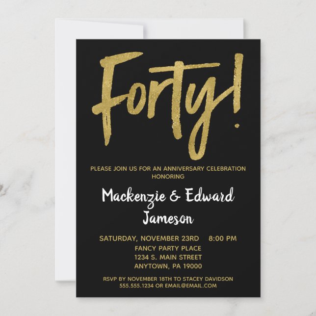 Black Gold Script 40th Anniversary Invitation (Front)
