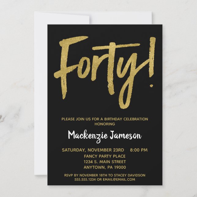 Black Gold Script 40th Birthday Party Invitation (Front)