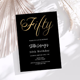 Black gold script 50th birthday invitation