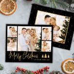 Black Gold Script 5 Photo Collage Christmas Card<br><div class="desc">Modern Elegant Black and Gold Calligraphy Script 5 Photo Collage Multi Photo Christmas Card. This festive, simple minimalist, pretty five (5) photo holiday card features a pretty photo collage, 3 pine tree doodle, „Merry Christmas” greeting text which is written in a whimsical hand lettered signature font type in Black and...</div>