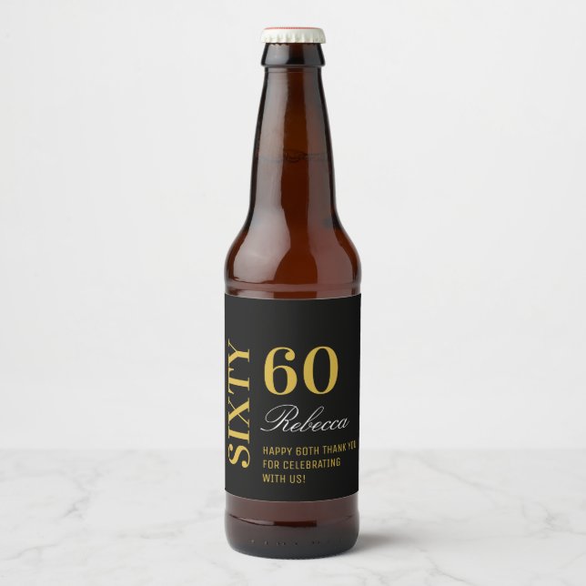Black & Gold Script 60th Birthday Cocktail Party  Beer Bottle Label (Front)