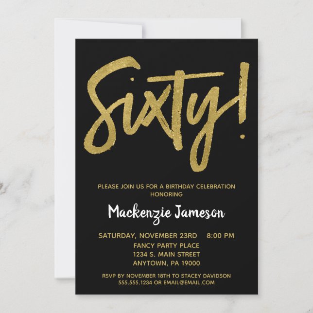 Black Gold Script 60th Birthday Party Invitation (Front)