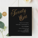 Black gold script budget 21st birthday invitation<br><div class="desc">A modern,  stylish invitation for a 21st birthday party. Classic black background and the word Twenty One written with elegant large script letters in faux gold.  Personalise and add a name and party details. 

1 sheet = 1 invitation printed edge to edge.</div>