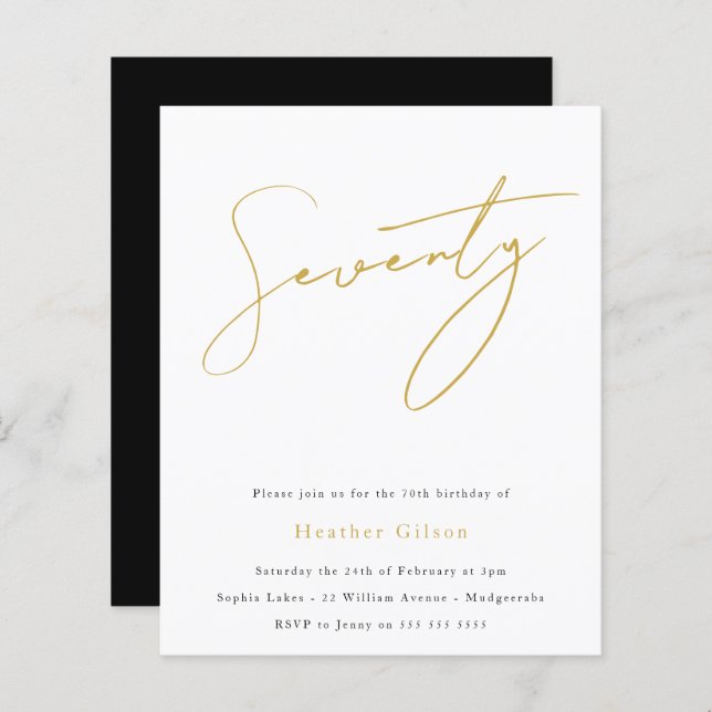 Black & Gold Script Budget 70th Birthday Invite (Front/Back)