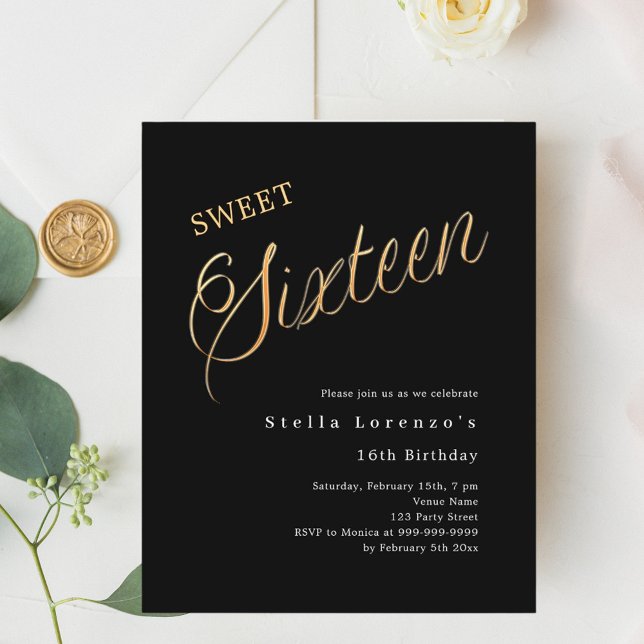 Black gold script budget Sweet 16 invitation (Creator Uploaded)