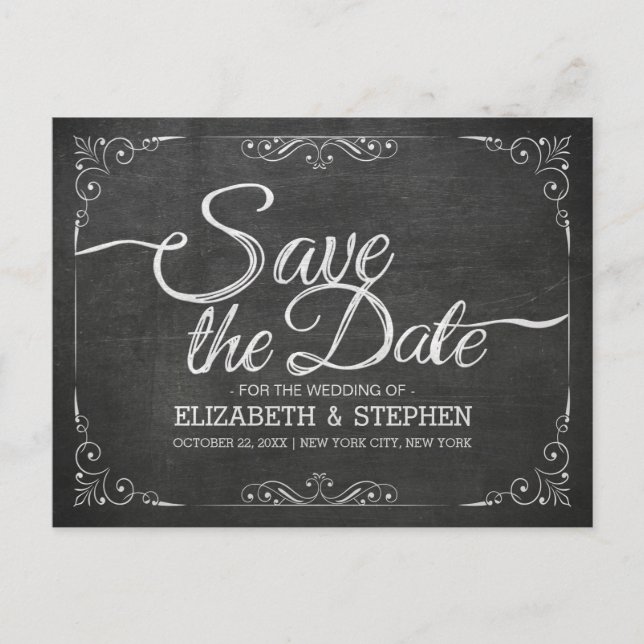 Black Gold Script Chalkboard Wedding Save the Date Announcement Postcard (Front)