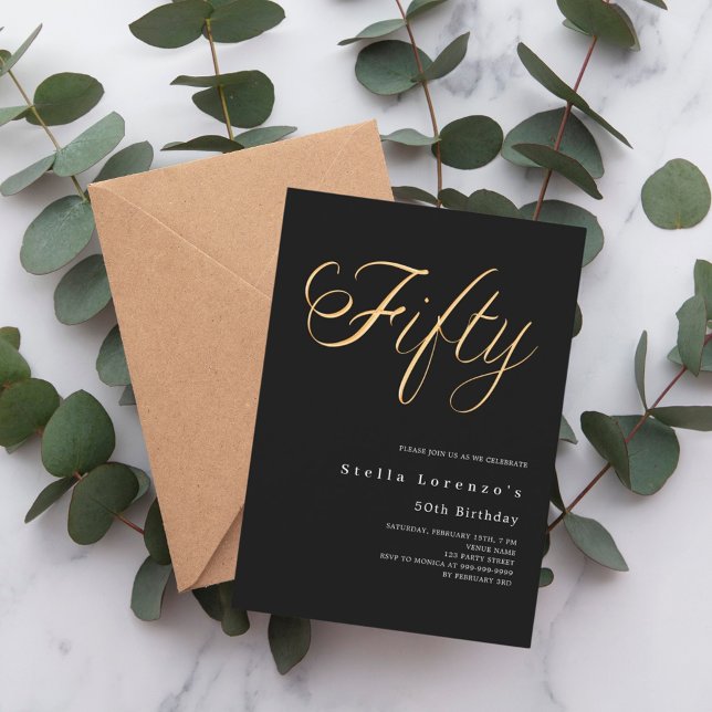 Black gold script elegant 50th birthday luxury invitation (Creator Uploaded)