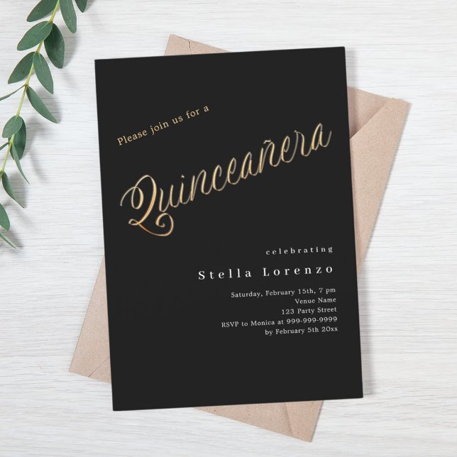 Black gold script elegant Quinceanera Invitation (Creator Uploaded)