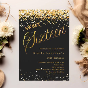 Black gold script elegant Sweet 16 Invitation