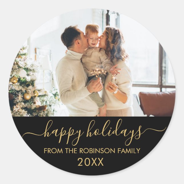 Black Gold Script Family Photo Happy Holidays Classic Round Sticker (Front)