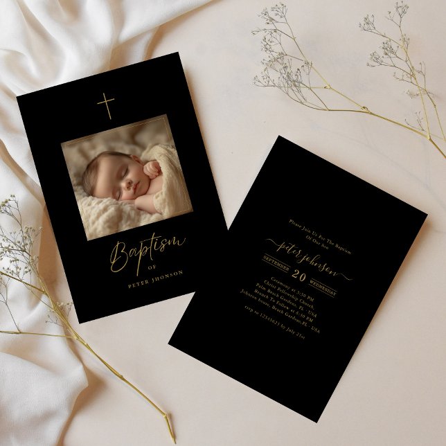 Black & Gold Script Gender Neutral Photo Baptism Invitation (Creator Uploaded)