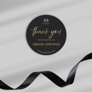 Black Gold Script Grand Opening Logo Thank You Classic Round Sticker