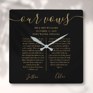 Black Gold Script His And Hers Wedding Vows Square Wall Clock
