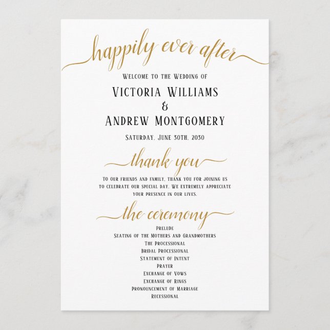 Black Gold Script Minimal Wedding Ceremony Program (Front)