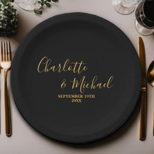 Black Gold Script Minimalist Wedding Paper Plate
