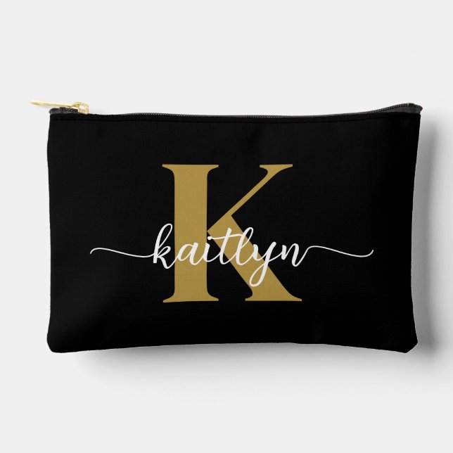 Black Gold Script Monogram Accessory Pouch (Front)