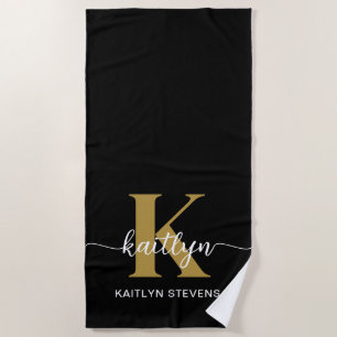 Black Gold Script Monogram Beach Towel