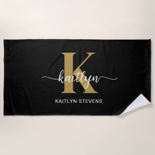 Black Gold Script Monogram Beach Towel