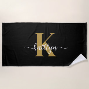 Black Gold Script Monogram Beach Towel