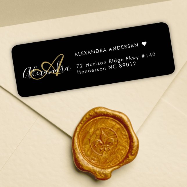 Black Gold Script Monogram Family Address Return Address Label (Chic Black Gold Elegant Monogram Return Address Label)