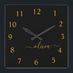 Black Gold Script Monogram Girly Name Square Wall Clock<br><div class="desc">Gold and Black Script Monogram Name Clock. This makes the perfect sweet 16 birthday,  wedding,  bridal shower,  anniversary,  baby shower or bachelorette party gift for someone that loves glam luxury and chic styles.</div>