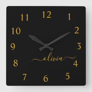 Black Gold Script Monogram Girly Name Square Wall Clock