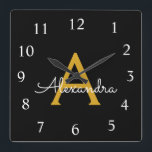 Black Gold Script Monogram Girly Name Square Wall Clock<br><div class="desc">Gold and Black Script Monogram Name Clock. This makes the perfect sweet 16 birthday,  wedding,  bridal shower,  anniversary,  baby shower or bachelorette party gift for someone that loves glam luxury and chic styles.</div>