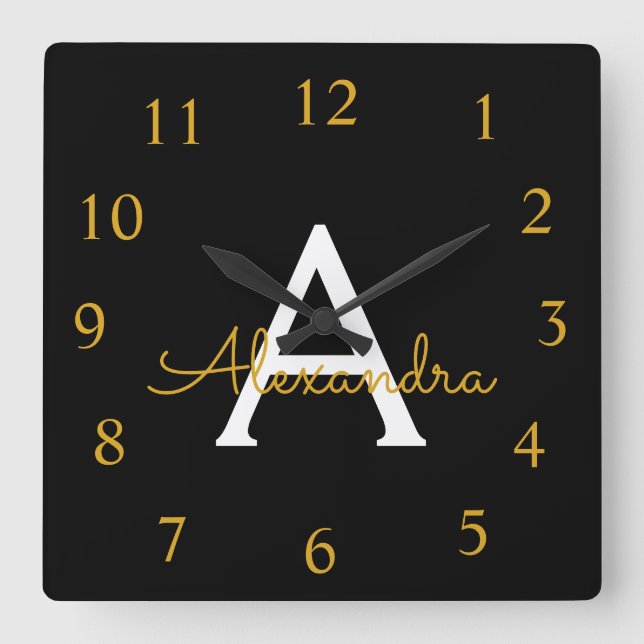 Black Gold Script Monogram Girly Name Square Wall Clock (Front)