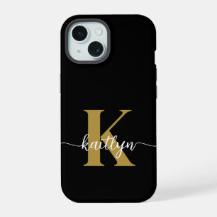 Black Gold Script Monogram iPhone 15 Case