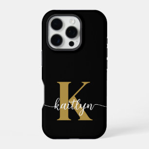Black Gold Script Monogram iPhone 16 Pro Case