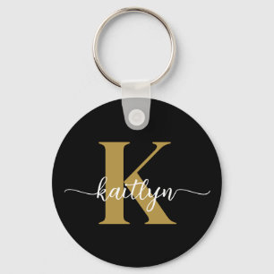 Black Gold Script Monogram Key Ring