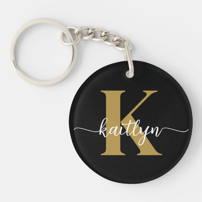 Black Gold Script Monogram Key Ring (Front)
