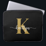Black Gold Script Monogram Laptop Sleeve<br><div class="desc">This simple,  elegant 15" black laptop sleeve with your first name in a trendy script font in white and your first initial in a modern cap font in gold is perfect for you.  It's stylish and trendy and yet very classic. It's unique - like you!</div>