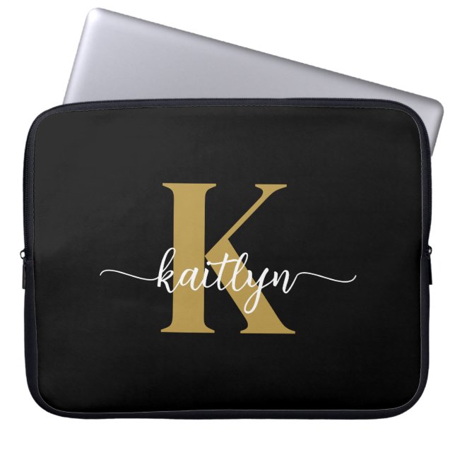 Black Gold Script Monogram Laptop Sleeve (Front)