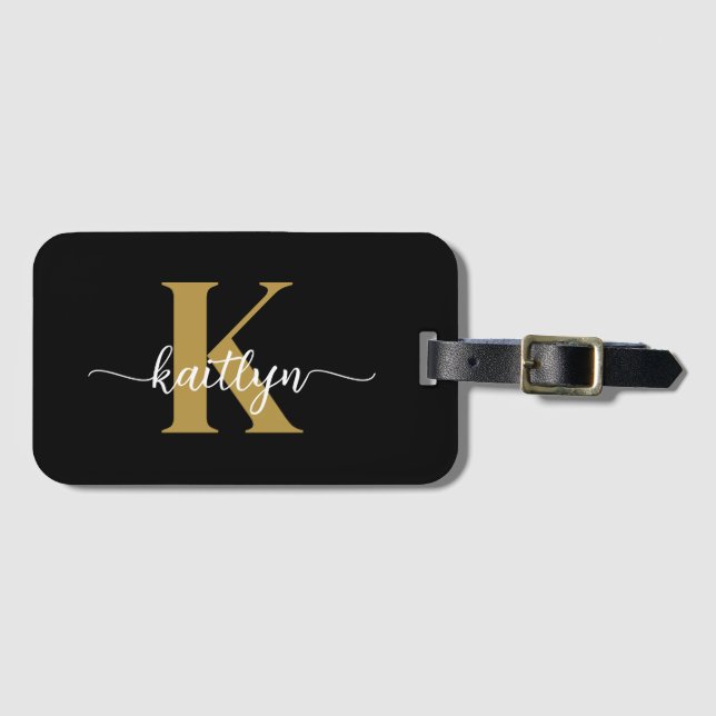 Black Gold Script Monogram Luggage Tag (Front Horizontal)