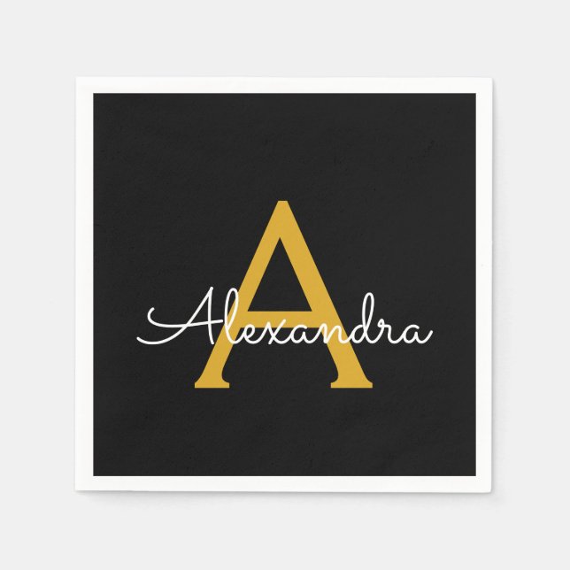Black Gold Script Monogram Name Modern Napkin (Front)