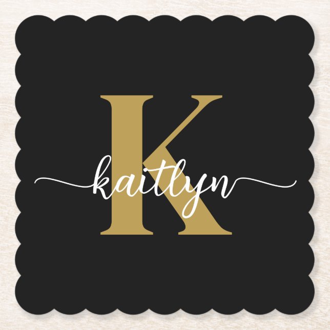 Black Gold Script Monogram Paper Coaster (Front)