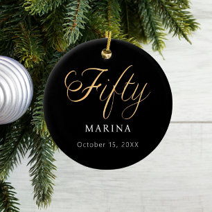 Black gold script name 50th birthday ceramic ornament