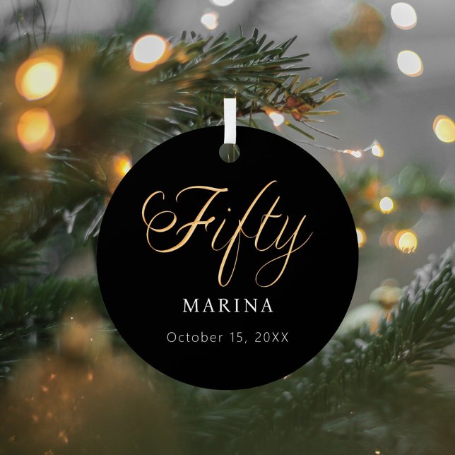 Black gold script name 50th birthday metal tree decoration (Creator Uploaded)
