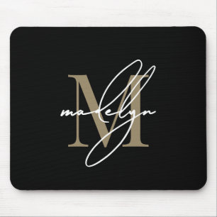 Black Gold Script Name Initial Monogram Mouse Pad