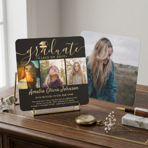 Black Gold Script Photo Collage Elegant Graduation Invitation