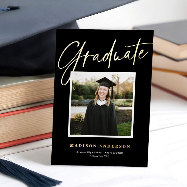 Black + Gold Script Photo Graduation Announcement (Creator Uploaded)
