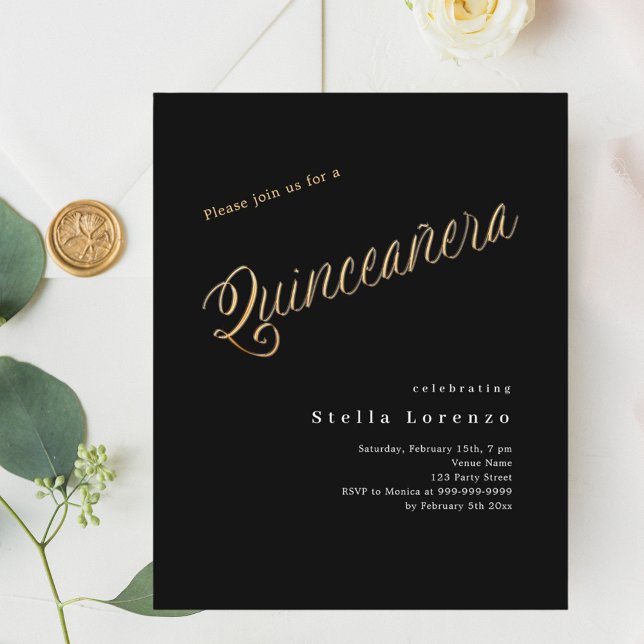 Black gold script Quinceanera invitation (Creator Uploaded)