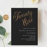 Black gold script simple 21st birthday invitation<br><div class="desc">A modern,  stylish invitation for a 21st birthday party. Classic black background and the word Twenty One written with elegant large script letters in faux gold.  Personalise and add a name and party details.</div>