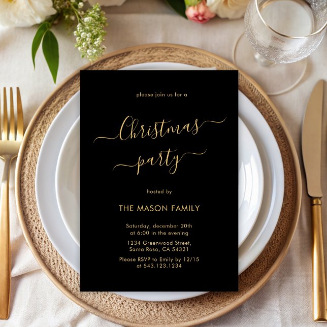 Black Gold Script Simple Holiday Christmas Party Invitation (Creator Uploaded)