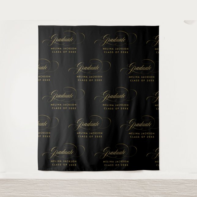 Black & Gold Script Step & Repeat Graduation Party Tapestry (Front)