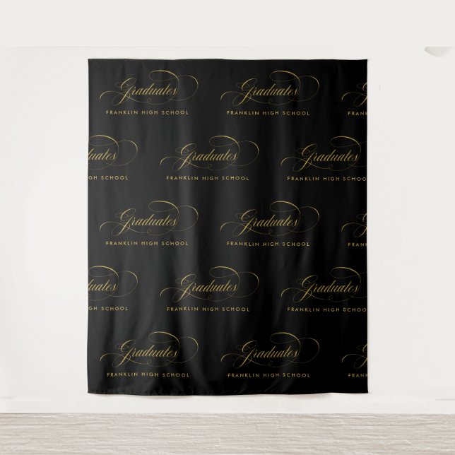 Black & Gold Script Step & Repeat Graduation Tapestry (Front)